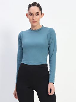 CLOTHWIK - Blue Solid Round Neck Full Sleeve Crop T-Shirt