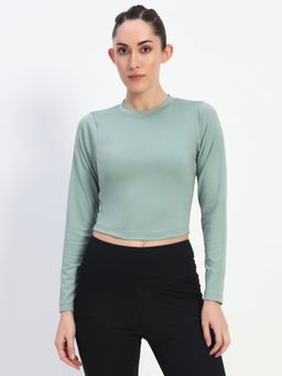CLOTHWIK - Green Solid Round Neck Full Sleeve Crop T-Shirt