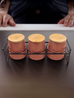 The Better Home - Ceramic Jars For Kitchen With Bamboo Lids And Iron Stand (Pack of 3)