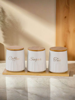 The Better Home - Ceramic Jars For Kitchen With Bamboo Lids And Tray 650ml (Pack of 3)