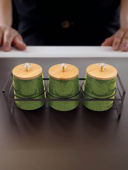 The Better Home - Ceramic Jars for Kitchen with Bamboo Lids and Iron Stand 650ml (Pack of 3)