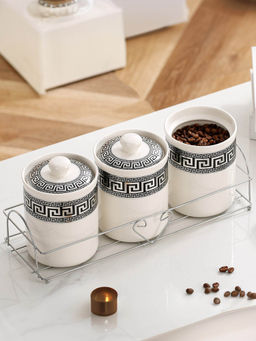 The Better Home - Ceramic Jars for Kitchen with Lids and Stand 700ml White & Black (Pack of 3)