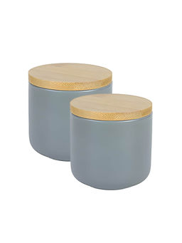 The Better Home - Ceramic Multipurpose Jars for Kitchen 260ml each with Bamboo Lid Grey (Pack of 2)