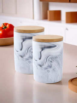 The Better Home - Ceramic Jars with Bamboo Lid 400ml Grey (Pack of 2)