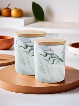 The Better Home - Ceramic Jars with Bamboo Lid 400ml Airtight Green (Pack of 2)