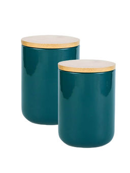 The Better Home - Ceramic Jars for Kitchen Storage with bamboo Lids 800ml Green (Pack of 2)