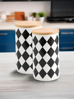 The Better Home - Ceramic Jars with Bamboo Lid 1000ml Black & White (Pack of 2)