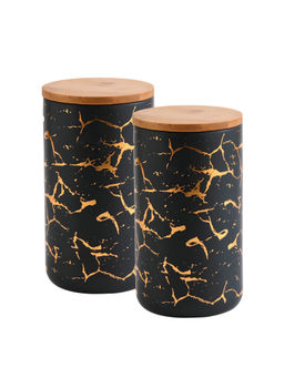 The Better Home - Ceramic Jars with Bamboo Lid 1000ml each Black & Gold (Pack of 2)