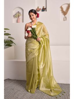 Sutra Attire - Chartreuse Green Tissue Saree with Unstitched Blouse