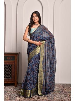 Sutra Attire - Navy Blue Georgette Saree with Unstitched Blouse