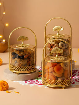 Aarvi Decor - Luxury Metal Gold Glass Decorative Jar Container with Handle (Pack Of 3)