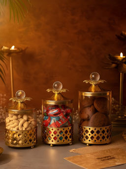Aarvi Decor - Gold Glass Diamond Cut Metal Jar Container with Crystal Knob (Pack Of 3)