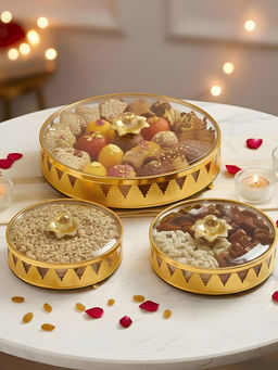 Aarvi Decor - Gold Glass Easy To Clean Round Metal Jar Container with Crystal Knob (Pack Of 3)