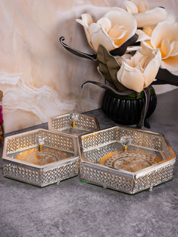 Aarvi Decor - Silver Transparent Glass Easy To Clean Metal Box with Crystal Knob (Pack Of 3)