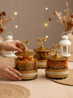 Aarvi Decor - Metal Gold Ginkgo Elegance Glass Jar Containers with Knob (Pack Of 3)