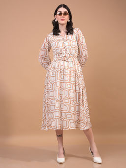 CRIMSOUNE CLUB - Women Brown Printed V-Neck A-Line Dress