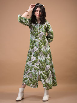 CRIMSOUNE CLUB - Women Green Floral Print Linen Shirt Dress