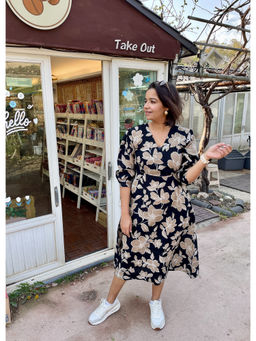 Label Tanvee - Beige Black Floral Midi Dress