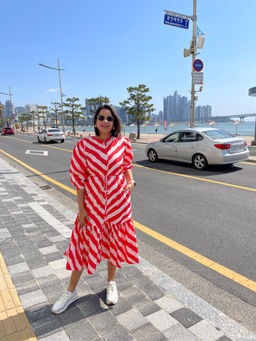 Label Tanvee - Red & White Stripe Dress with Belt