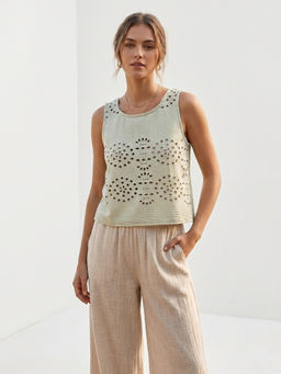Scoup - Embroidered Schifli Green Vest Top