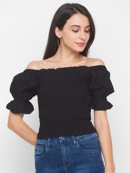 Globus - Puff Sleeve Smocked Cropped Fashion Top