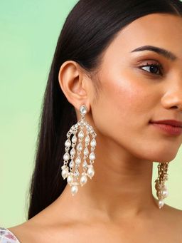 Priyaasi - White Pearl Kundan Gold Plated Tassels Style Drop Earrings