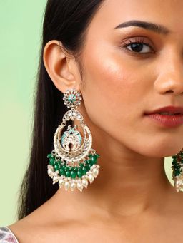 Priyaasi - Green Peacocks Meenakari Kundan Chandbali Earrings