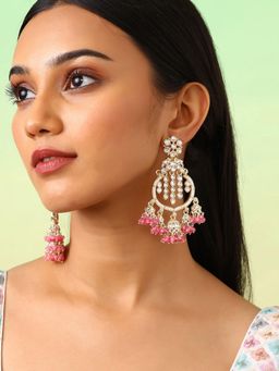 Priyaasi - Pink Kundan Pearl Style Gold Plated Chandbali Earrings