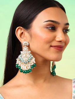 Priyaasi - Green Kundan Pearl Gold Plated Chandbali Earrings