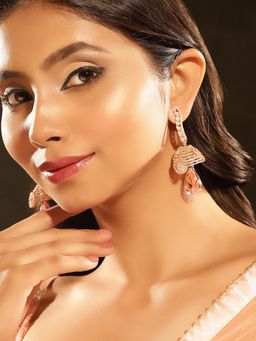 Priyaasi - Pink Stones American Diamond Rose Gold Jhumka Earrings