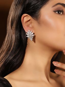 Priyaasi - Floral Blossom American Diamond Elegance Silver Plated Stud Earrings