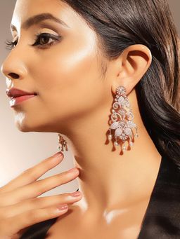 Priyaasi - Floral Elegance Rose Gold Plated American Diamond Drop Earrings