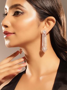 Priyaasi - Rose Gold Plated American Diamond Leaf Shaped Drop Earrings