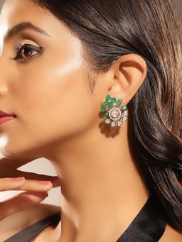 Priyaasi - Floral Green Stones American Diamond Stud Earrings