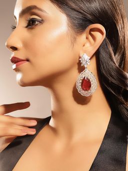 Priyaasi - Ruby Stones Silver Plated American Diamond Floral Style Drop Earrings