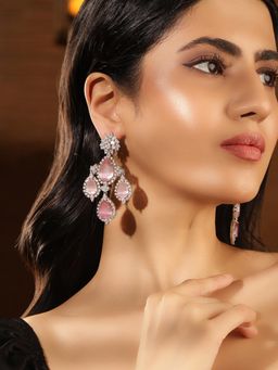 Priyaasi - Floral Pink Stones American Diamond Silver Plated Drop Earrings