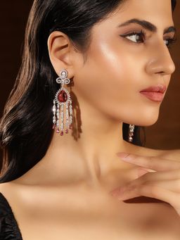 Priyaasi - Ruby Stones American Diamond Silver Plated Drop Earrings