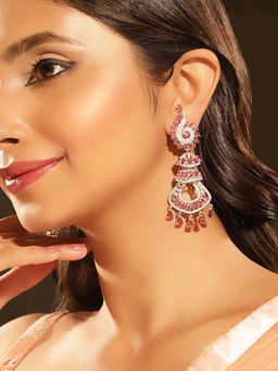 Priyaasi - Pink Stones American Diamond Silver Plated Drop Earrings