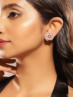 Priyaasi - Floral American Diamond Ruby Stones Rose Gold Stud Earrings