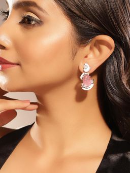 Priyaasi - Floral Pink Stones American Diamond Drop Earrings