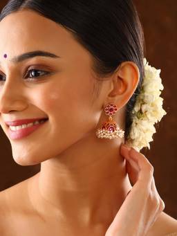 Priyaasi - Pink Stones Floral Gold Plated Jhumka Earrings