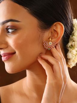 Priyaasi - Ruby Elegance Floral Gold Plated Stud Pattern Earrings