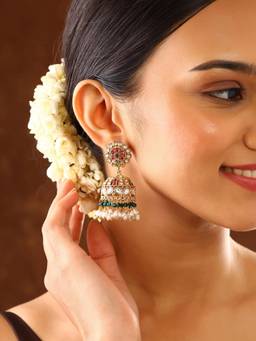 Priyaasi - Multi-Color Stones Pearls Gold Plated Elegant Jhumka Earrings