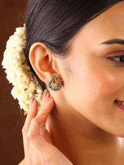 Priyaasi - Multi Stones Peacock Design Gold Plated Stud Earrings