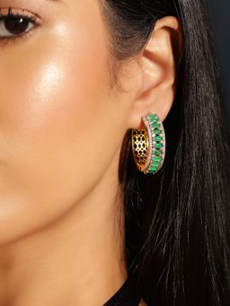 Priyaasi - Green Stones American Diamond Gold Plated Hoop Earrings