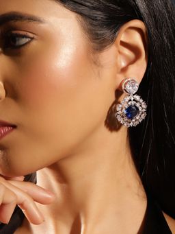Priyaasi - Blue Stones American Diamond Silver Plated Drop Earrings