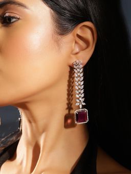 Priyaasi - Wine American Diamond Floral Silver Plated Drop Earrings