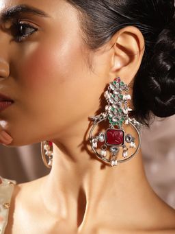 Priyaasi - Silver Plated Oxidized Style Floral Drop Earrings