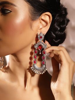 Priyaasi - Red Stones Oxidized Pattern Silver Plated Chandbali Earrings