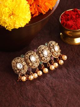 Priyaasi - Floral Nakshi Multi Stones Gold Plated Pearl Hair Clip
